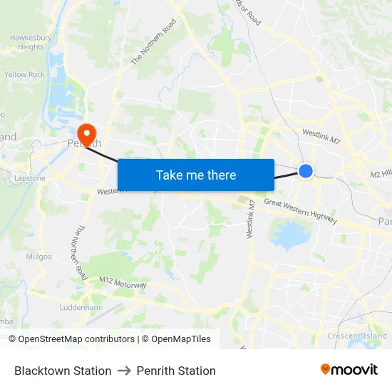 Blacktown Station to Penrith Station map
