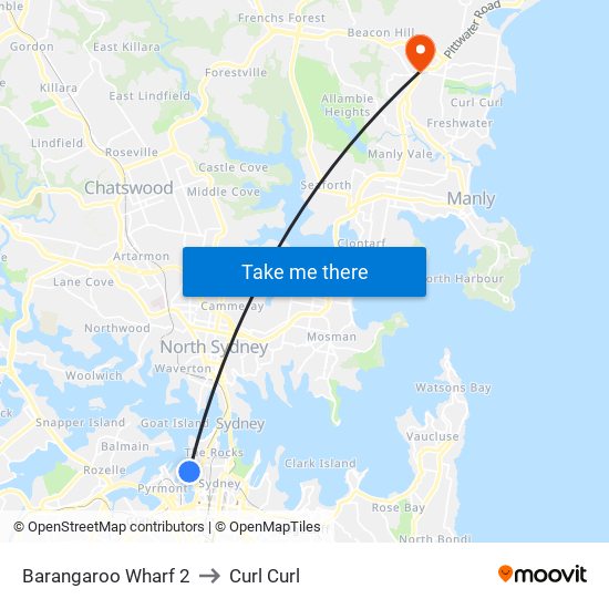 Barangaroo Wharf 2 to Curl Curl map