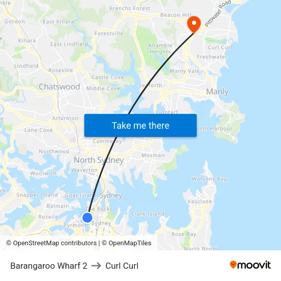 Barangaroo Wharf 2 to Curl Curl map