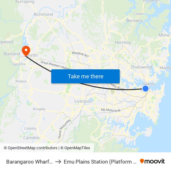 Barangaroo Wharf 2 to Emu Plains Station (Platform 1) map