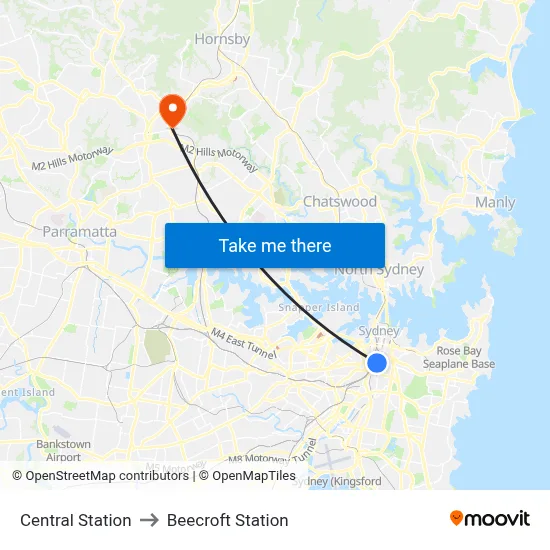 Central Station to Beecroft Station map