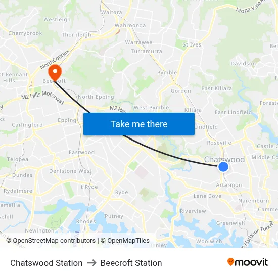 Chatswood Station to Beecroft Station map