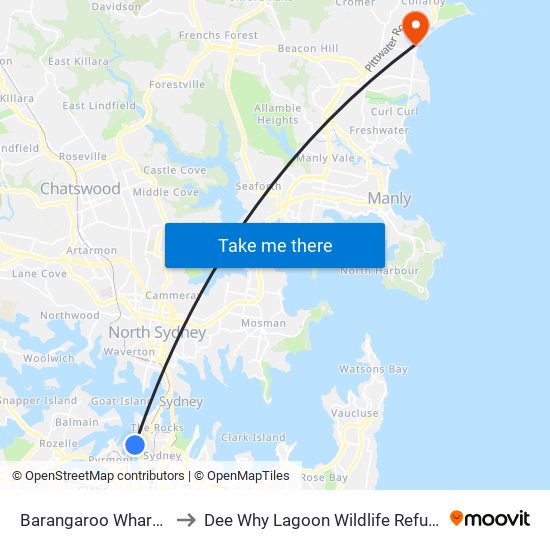 Barangaroo Wharf 2 to Dee Why Lagoon Wildlife Refuge map