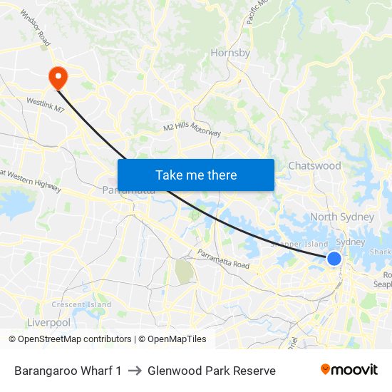 Barangaroo Wharf 1 to Glenwood Park Reserve map