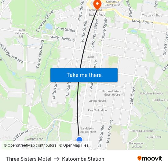Three Sisters Motel to Katoomba Station map