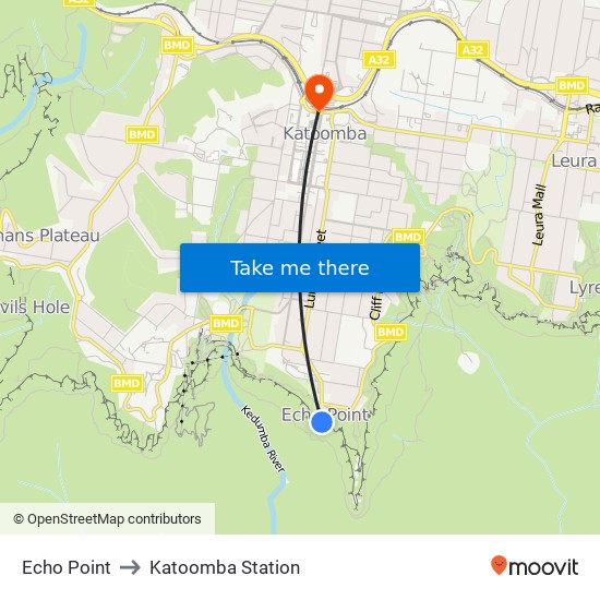 Echo Point to Katoomba Station map