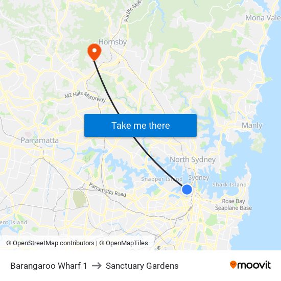 Barangaroo Wharf 1 to Sanctuary Gardens map