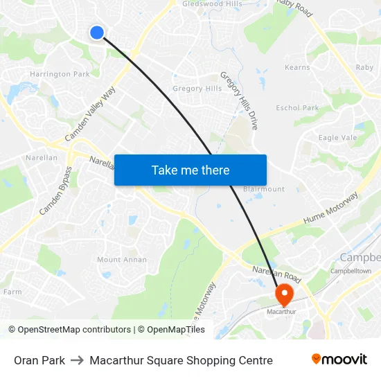 Oran Park to Macarthur Square Shopping Centre map