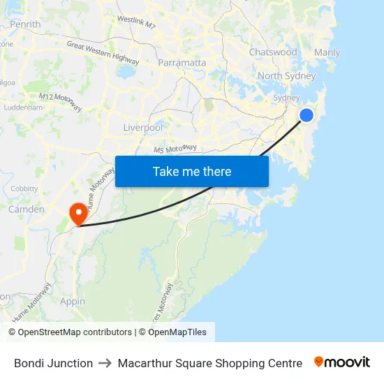Bondi Junction to Macarthur Square Shopping Centre map