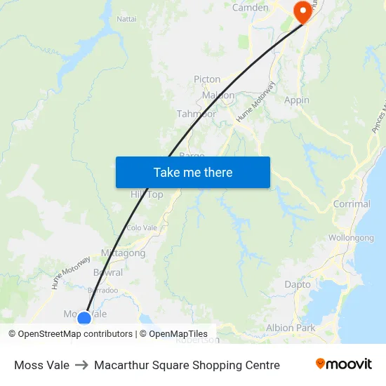 Moss Vale to Macarthur Square Shopping Centre map