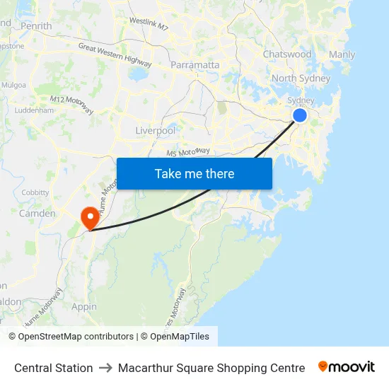 Central Station to Macarthur Square Shopping Centre map