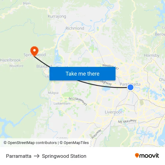 Parramatta to Springwood Station map