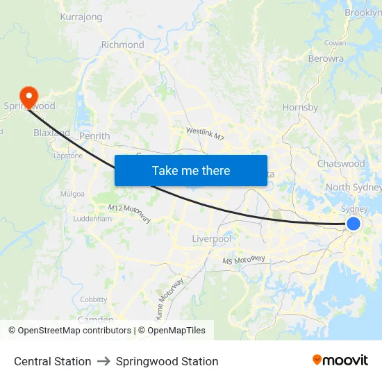 Central Station to Springwood Station map