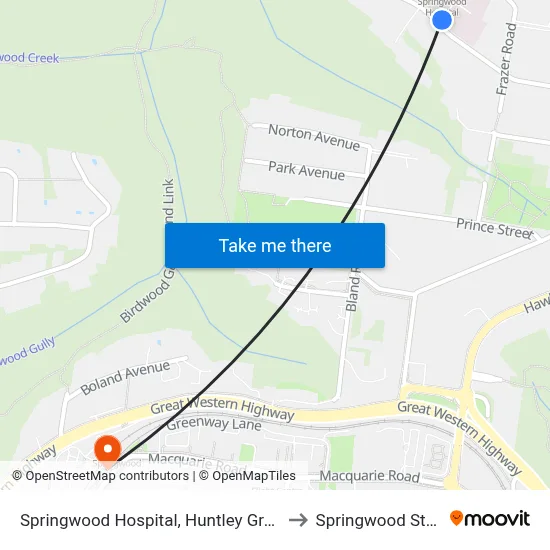 Springwood Hospital, Huntley Grange Rd to Springwood Station map
