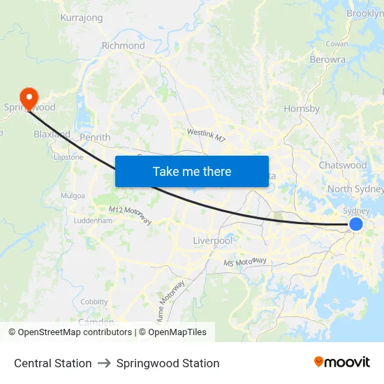 Central Station to Springwood Station map