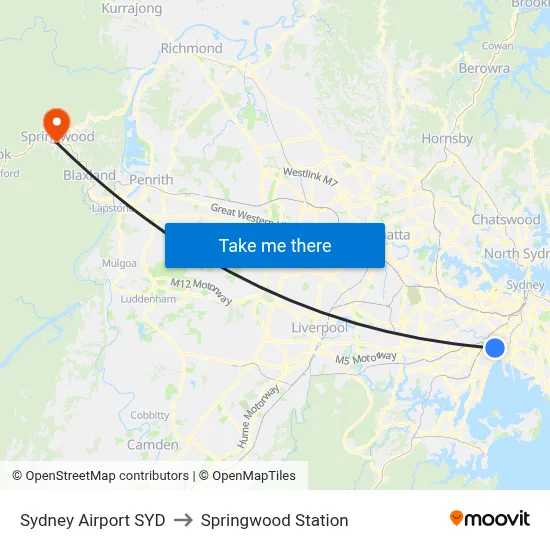Sydney Airport SYD to Springwood Station map