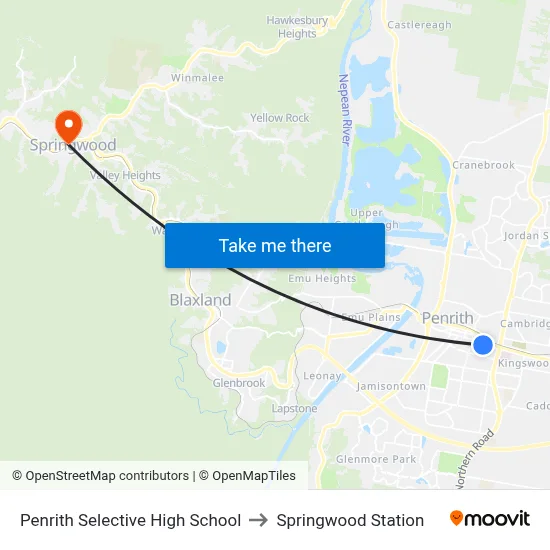 Penrith Selective High School to Springwood Station map