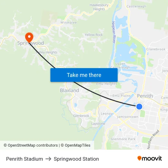 Penrith Stadium to Springwood Station map