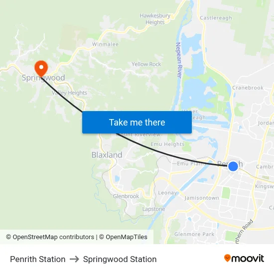 Penrith Station to Springwood Station map