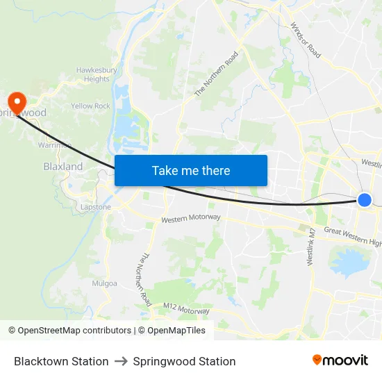 Blacktown Station to Springwood Station map