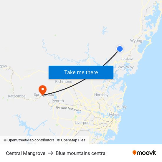 Central Mangrove to Blue mountains central map