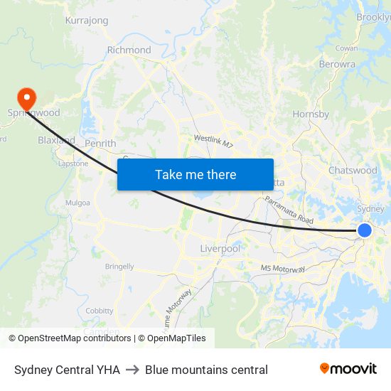 Sydney Central Yha to Blue mountains central map