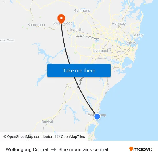 Wollongong Central to Blue mountains central map