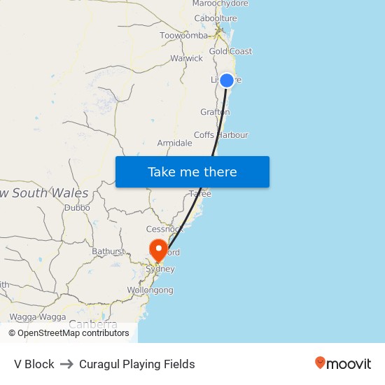 V Block to Curagul Playing Fields map