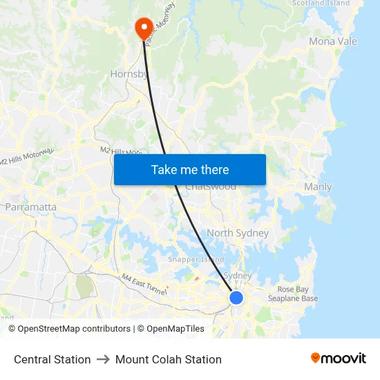 Central Station to Mount Colah Station map