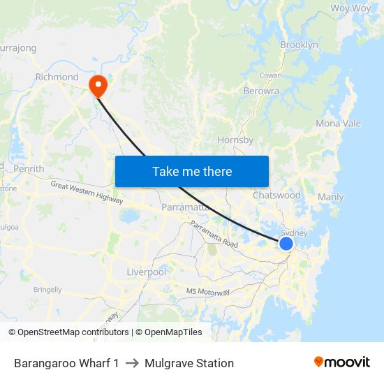 Barangaroo Wharf 1 to Mulgrave Station map