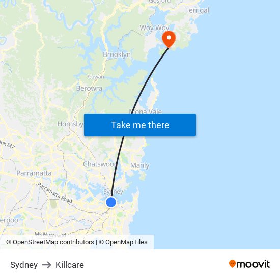 Sydney to Killcare map