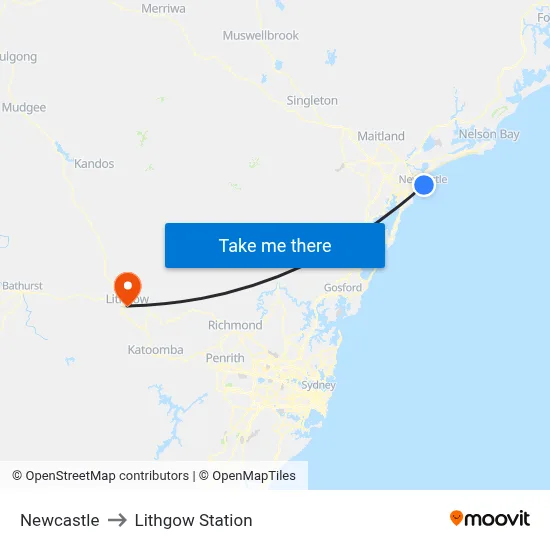 Newcastle to Lithgow Station map
