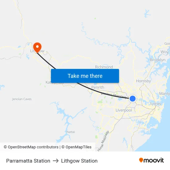 Parramatta Station to Lithgow Station map