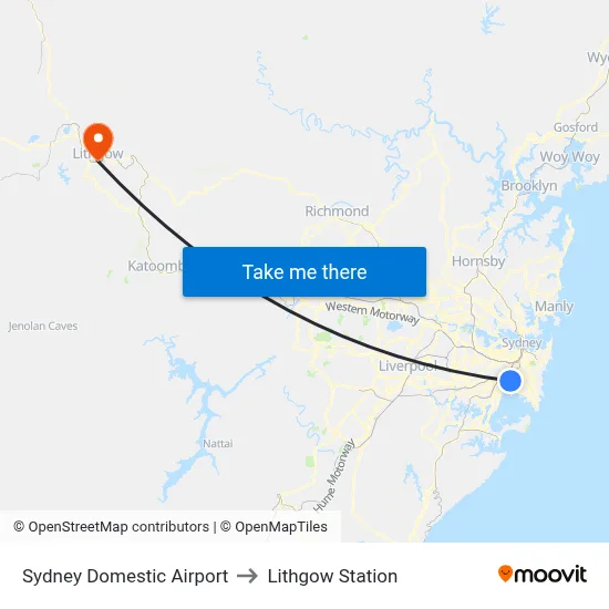 Sydney Domestic Airport to Lithgow Station map