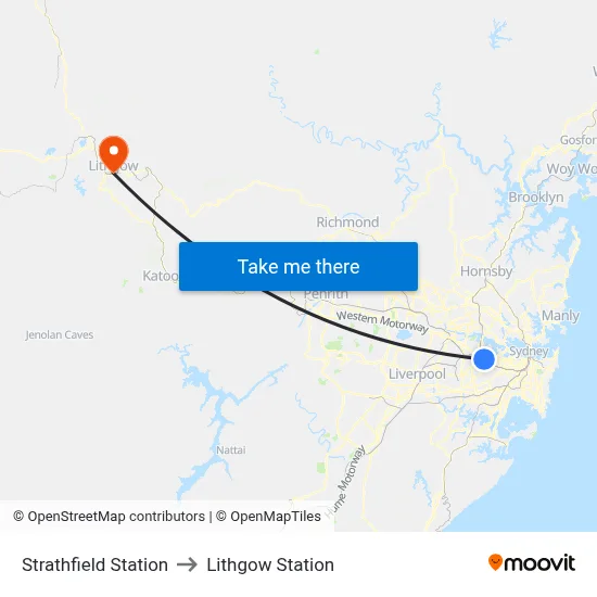 Strathfield Station to Lithgow Station map