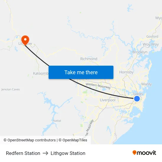 Redfern Station to Lithgow Station map
