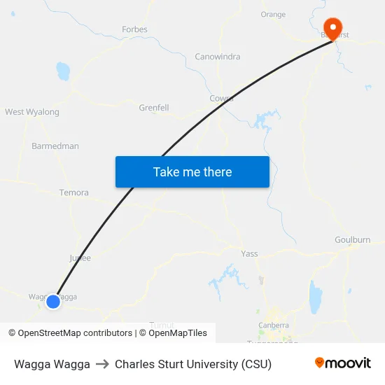 Wagga Wagga to Charles Sturt University (CSU) map