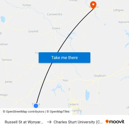 Russell St at Wynyard St to Charles Sturt University (CSU) map