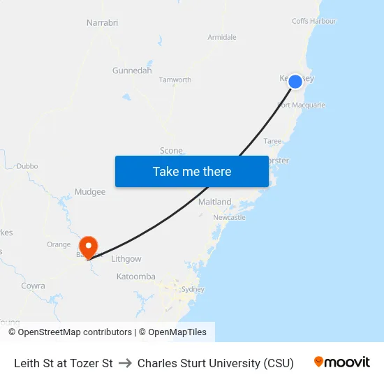 Leith St at Tozer St to Charles Sturt University (CSU) map