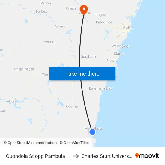 Quondola St opp Pambula Post Office to Charles Sturt University (CSU) map
