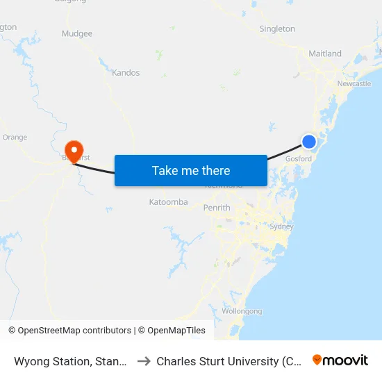 Wyong Station, Stand A to Charles Sturt University (CSU) map