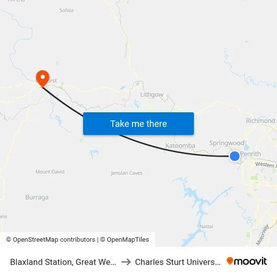 Blaxland Station, Great Western Hwy to Charles Sturt University (CSU) map