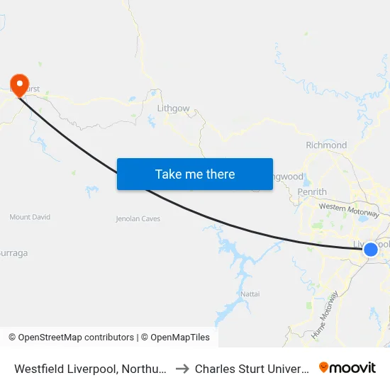 Westfield Liverpool, Northumberland St to Charles Sturt University (CSU) map