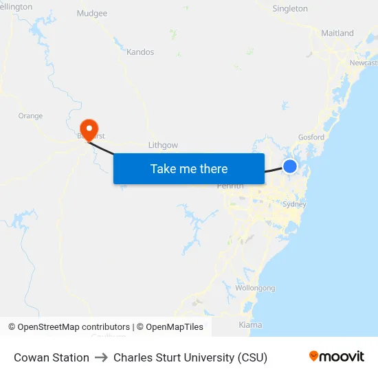 Cowan Station to Charles Sturt University (CSU) map