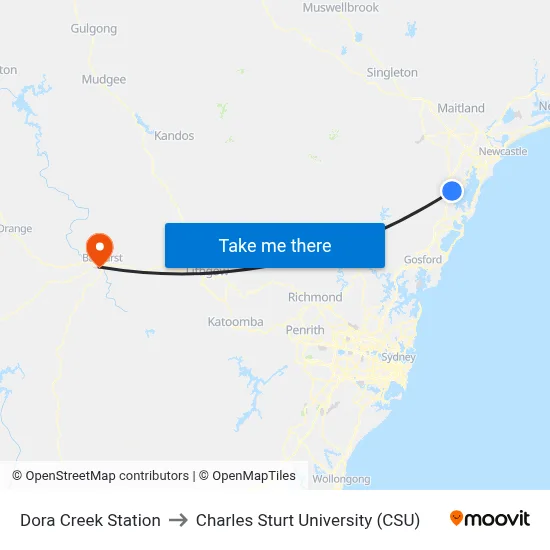 Dora Creek Station to Charles Sturt University (CSU) map