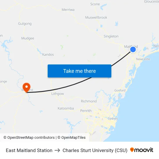 East Maitland Station to Charles Sturt University (CSU) map