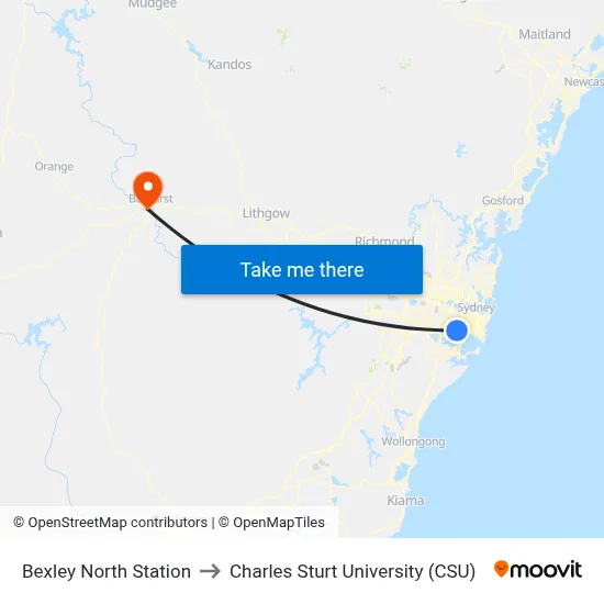 Bexley North Station to Charles Sturt University (CSU) map