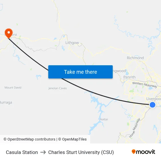 Casula Station to Charles Sturt University (CSU) map