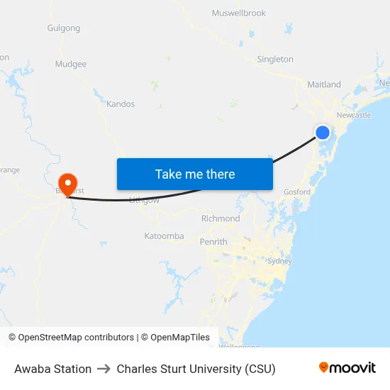 Awaba Station to Charles Sturt University (CSU) map
