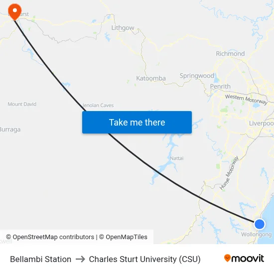 Bellambi Station to Charles Sturt University (CSU) map
